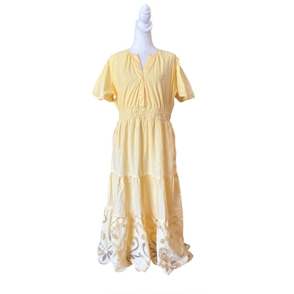 Haute Hippie Yellow Eyelet Maxi Dress Boho Floral Cotton Womens Size Large